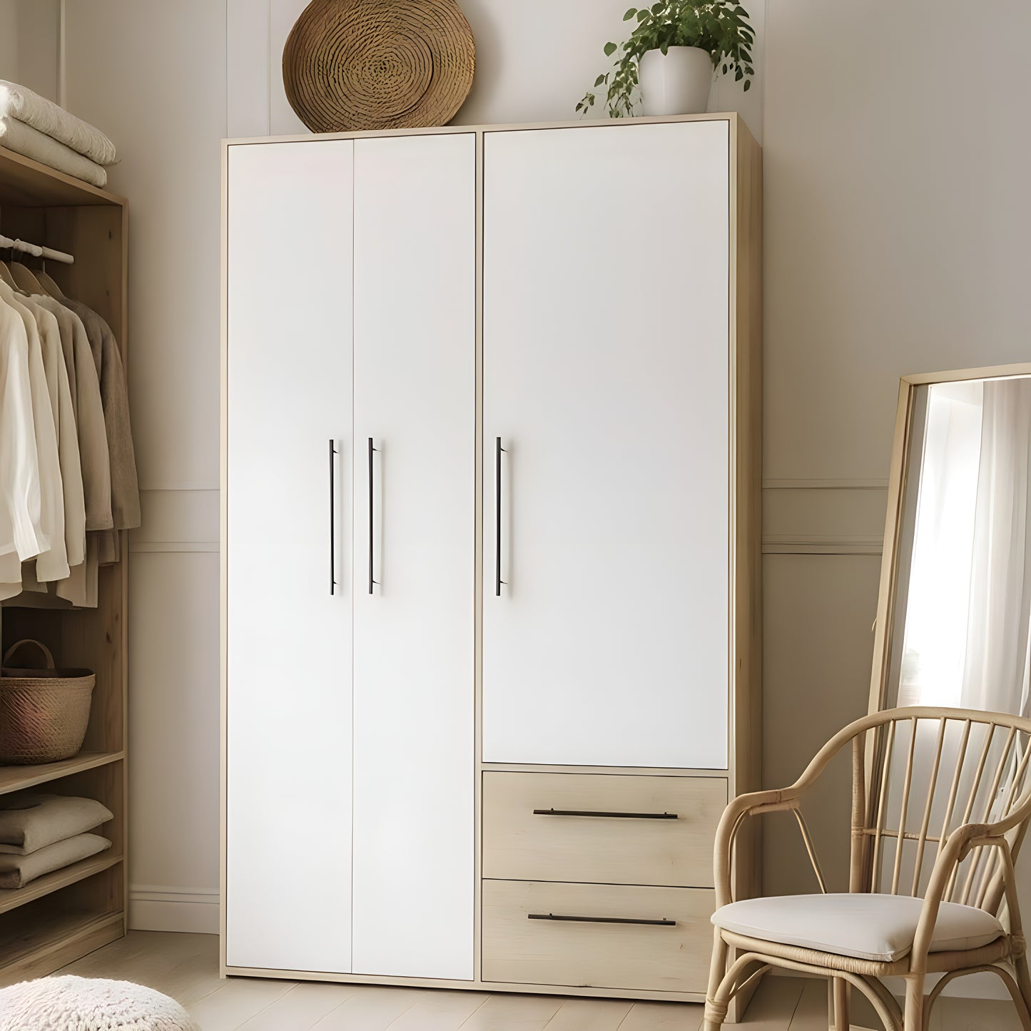 White wardrobe with wooden accents in a room with a chair and shelves.