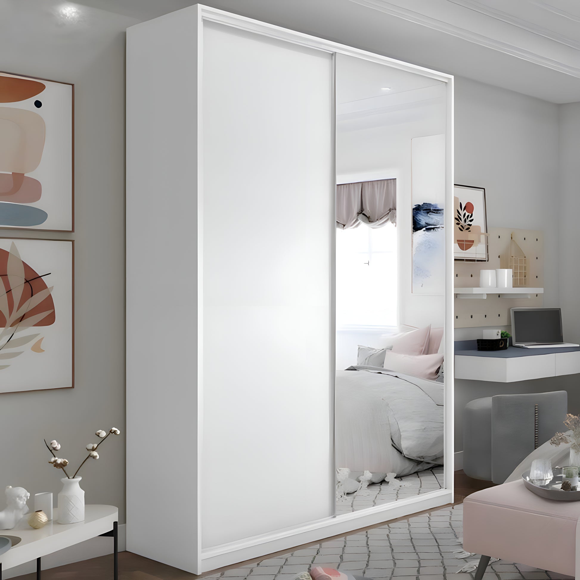 White sliding wardrobe with mirror in a modern bedroom setting