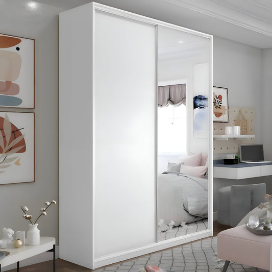White sliding wardrobe with mirror in a modern bedroom setting