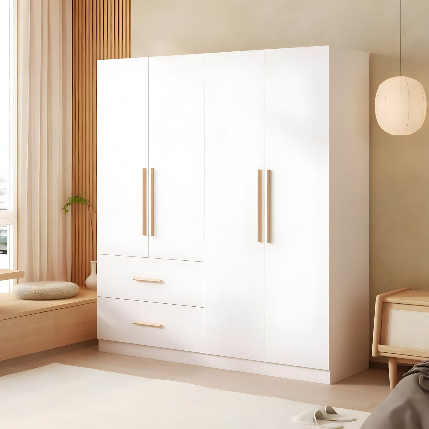 Modern bedroom with a large white wardrobe and wooden furniture.