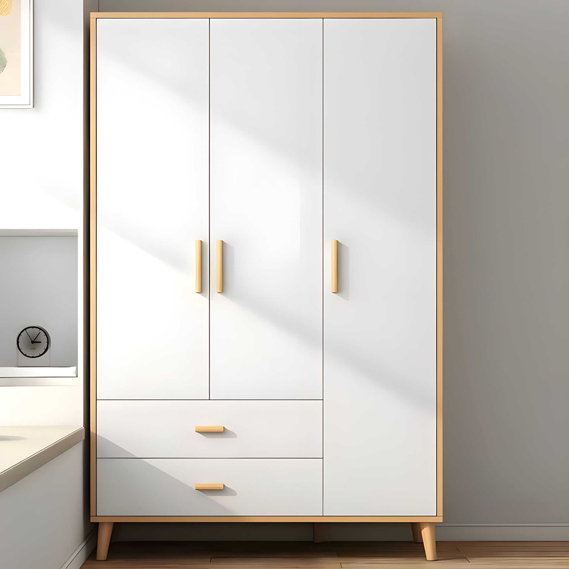 White wardrobe with wooden frame and handles in a room setting