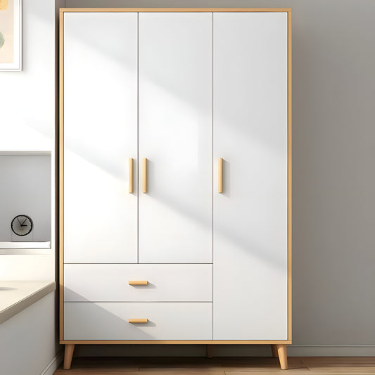 White wardrobe with wooden frame and handles in a room setting