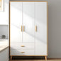 White wardrobe with wooden frame and handles in a room setting