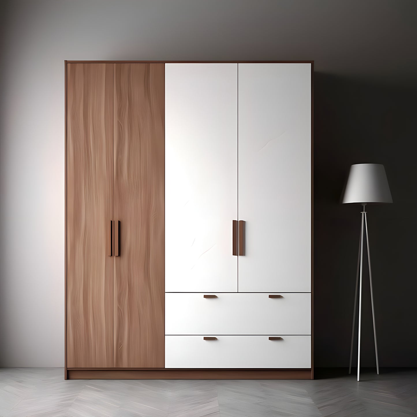 Wooden wardrobe with white panels and drawers in a minimalistic room.