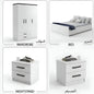 Set of white bedroom furniture including a wardrobe, bed, and nightstands on a light gray background.