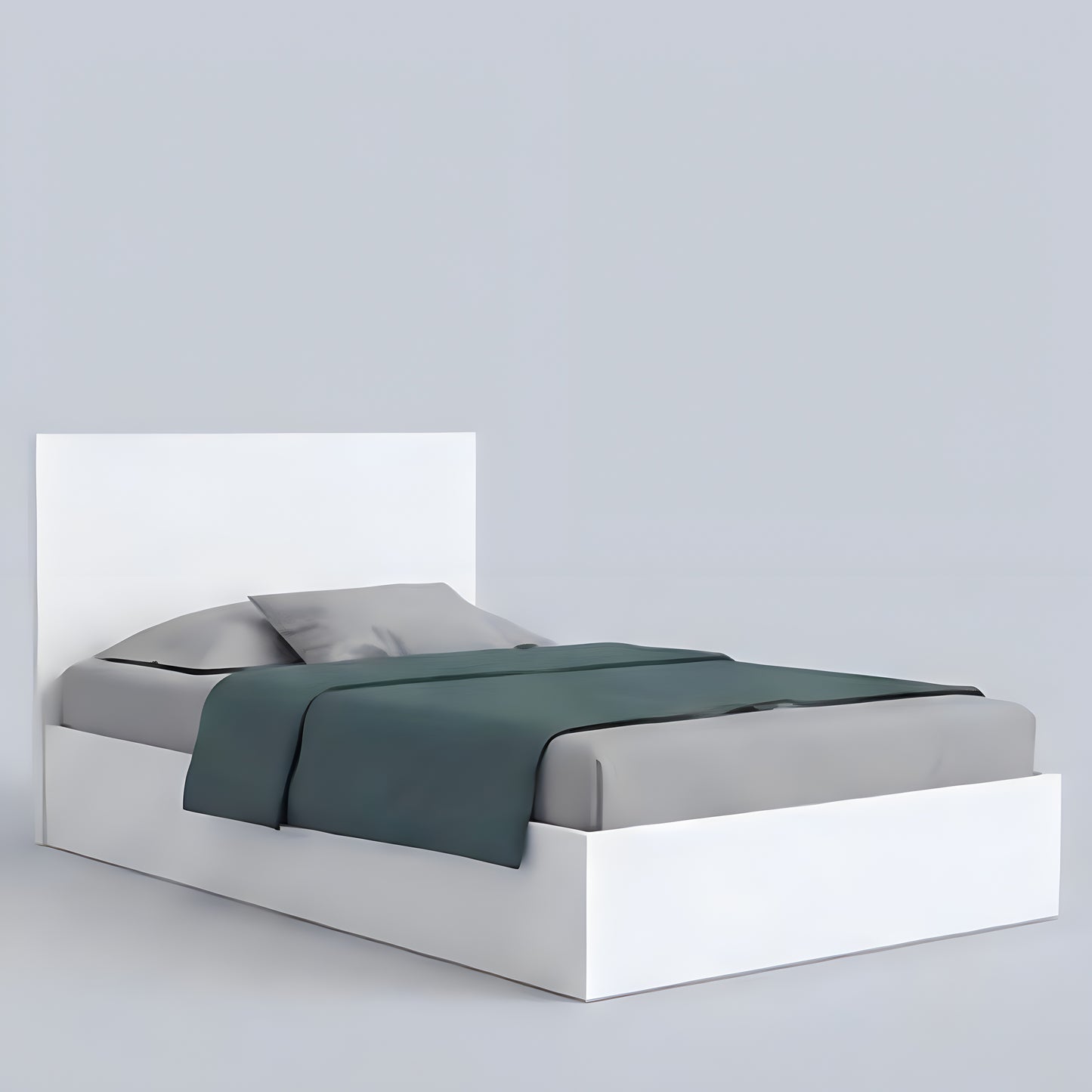 Modern bed with white frame, gray mattress, and green blanket on a light gray background
