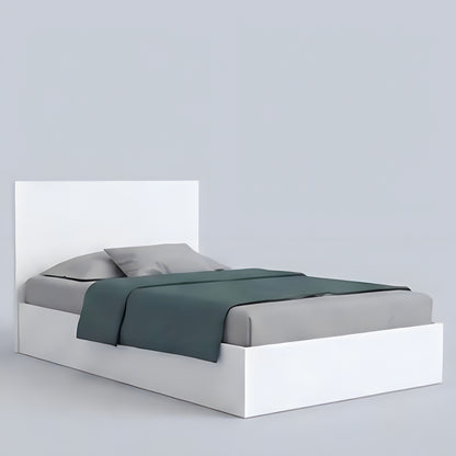 Modern bed with white frame, gray mattress, and green blanket on a light gray background