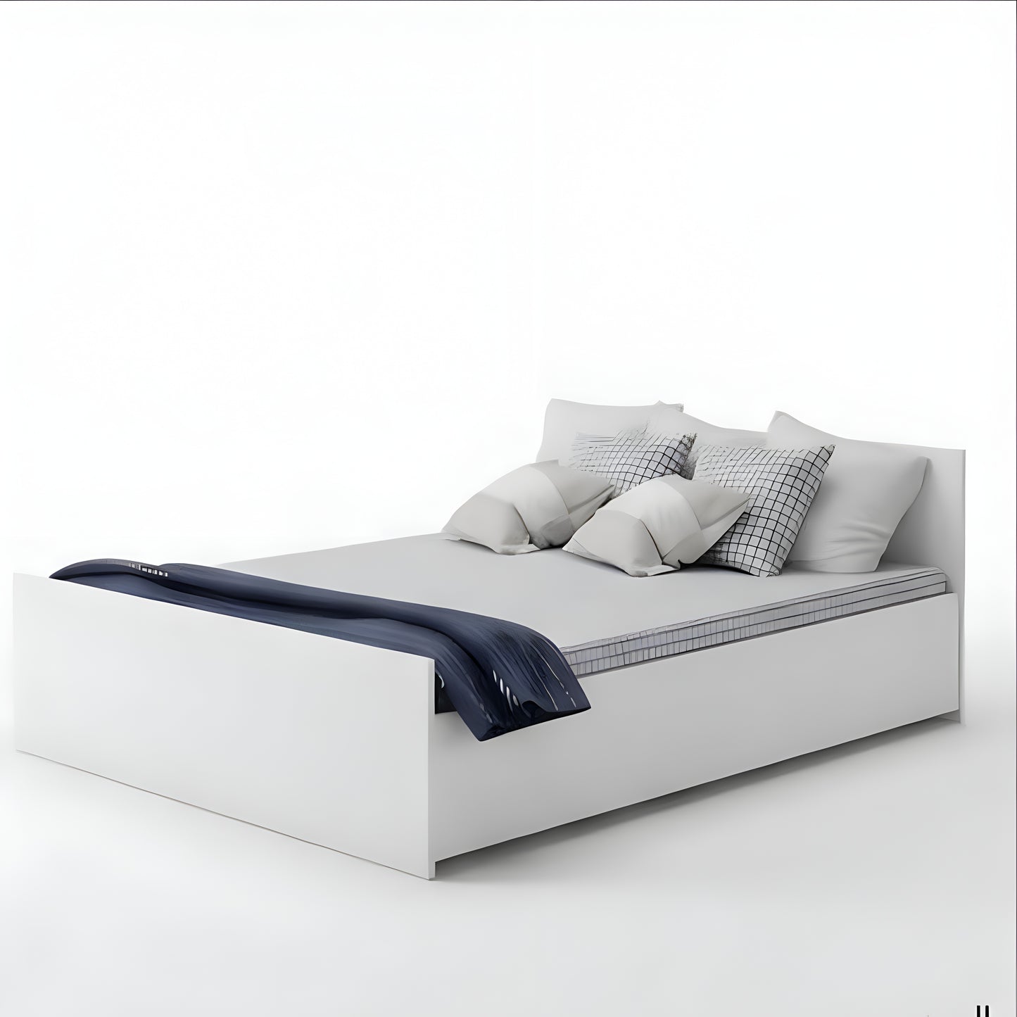 Modern white bed with gray bedding and pillows on a white background
