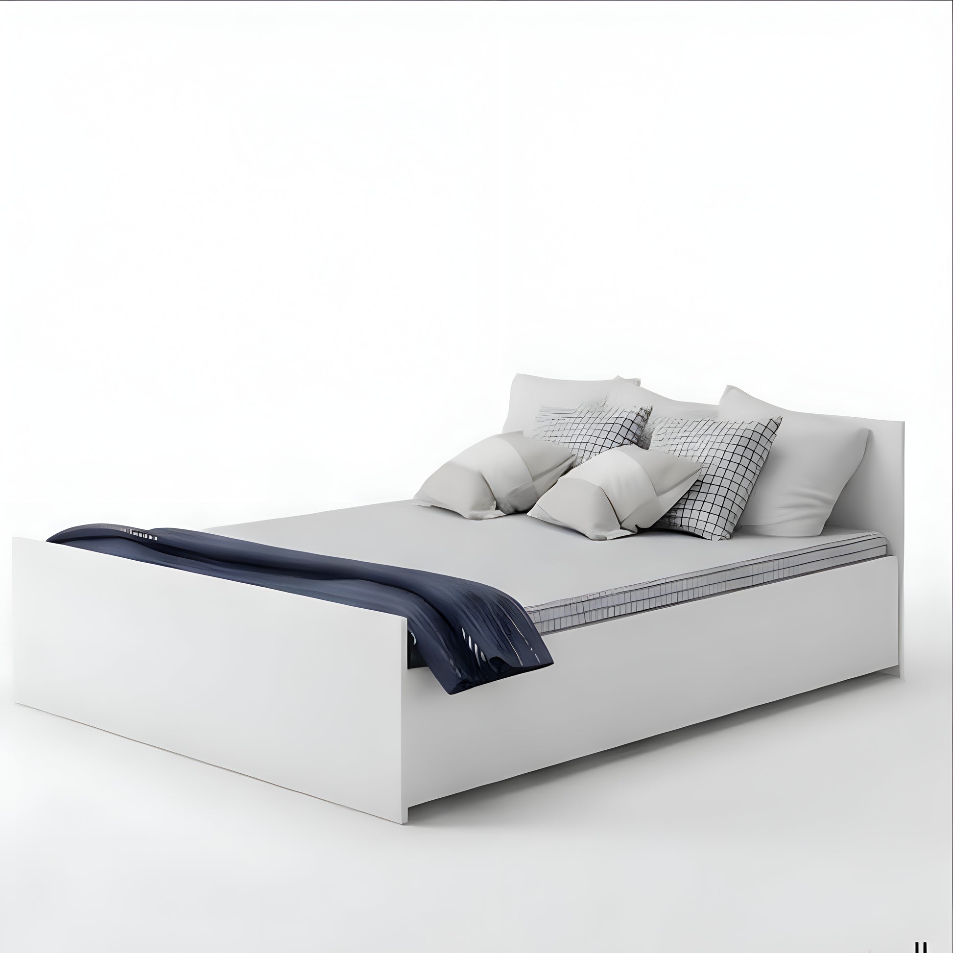 Modern white bed with gray bedding and pillows on a white background