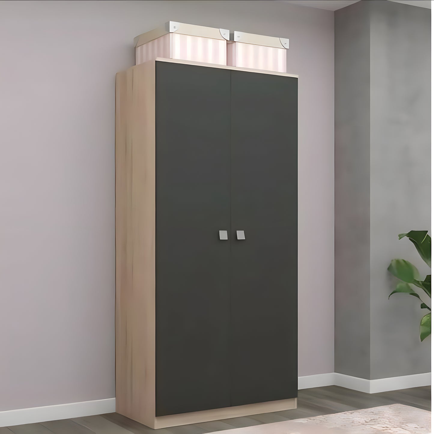 Tall black wardrobe with wooden base against a light purple wall.