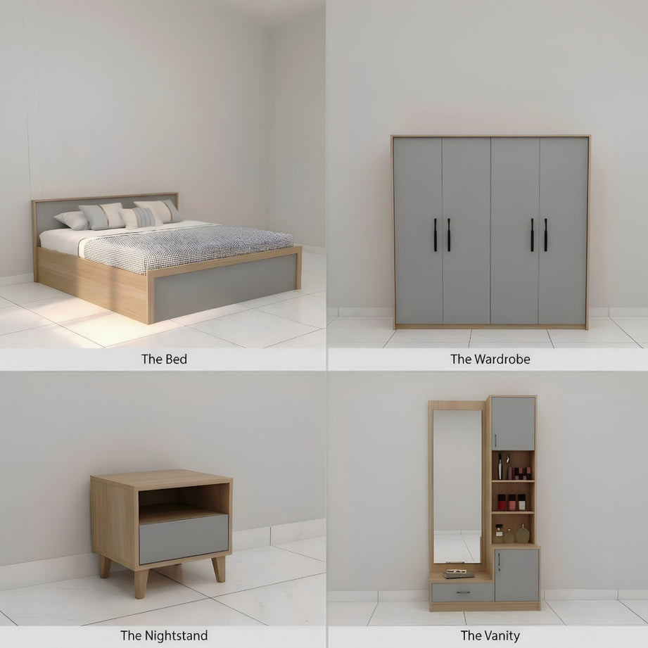 Four different pieces of bedroom furniture including a bed, wardrobe, nightstand, and vanity.