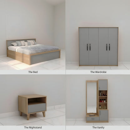 Four different pieces of bedroom furniture including a bed, wardrobe, nightstand, and vanity.