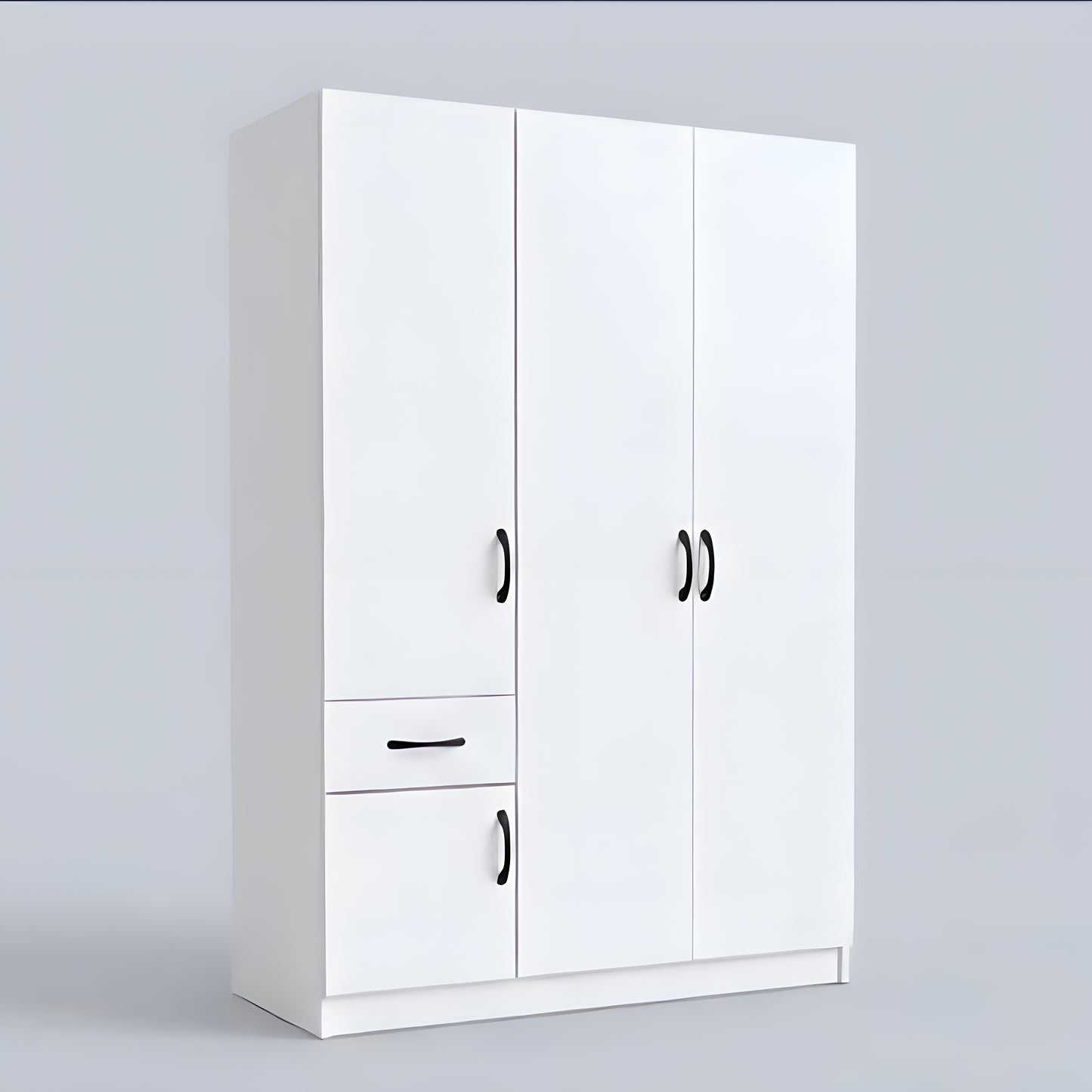 White wardrobe with two doors and two drawers on a light gray background