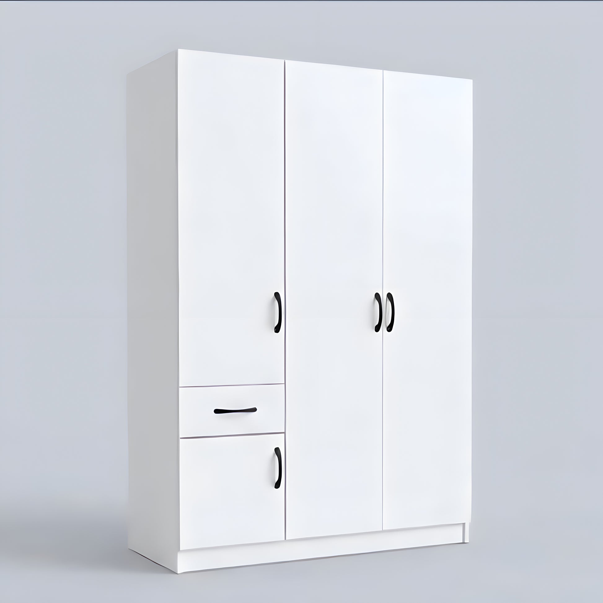 White wardrobe with two doors and two drawers on a light gray background