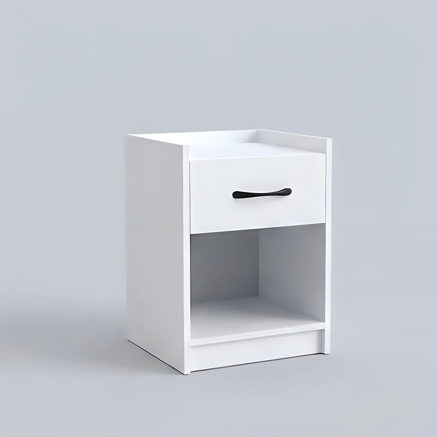 White nightstand with a drawer and black handle on a light gray background