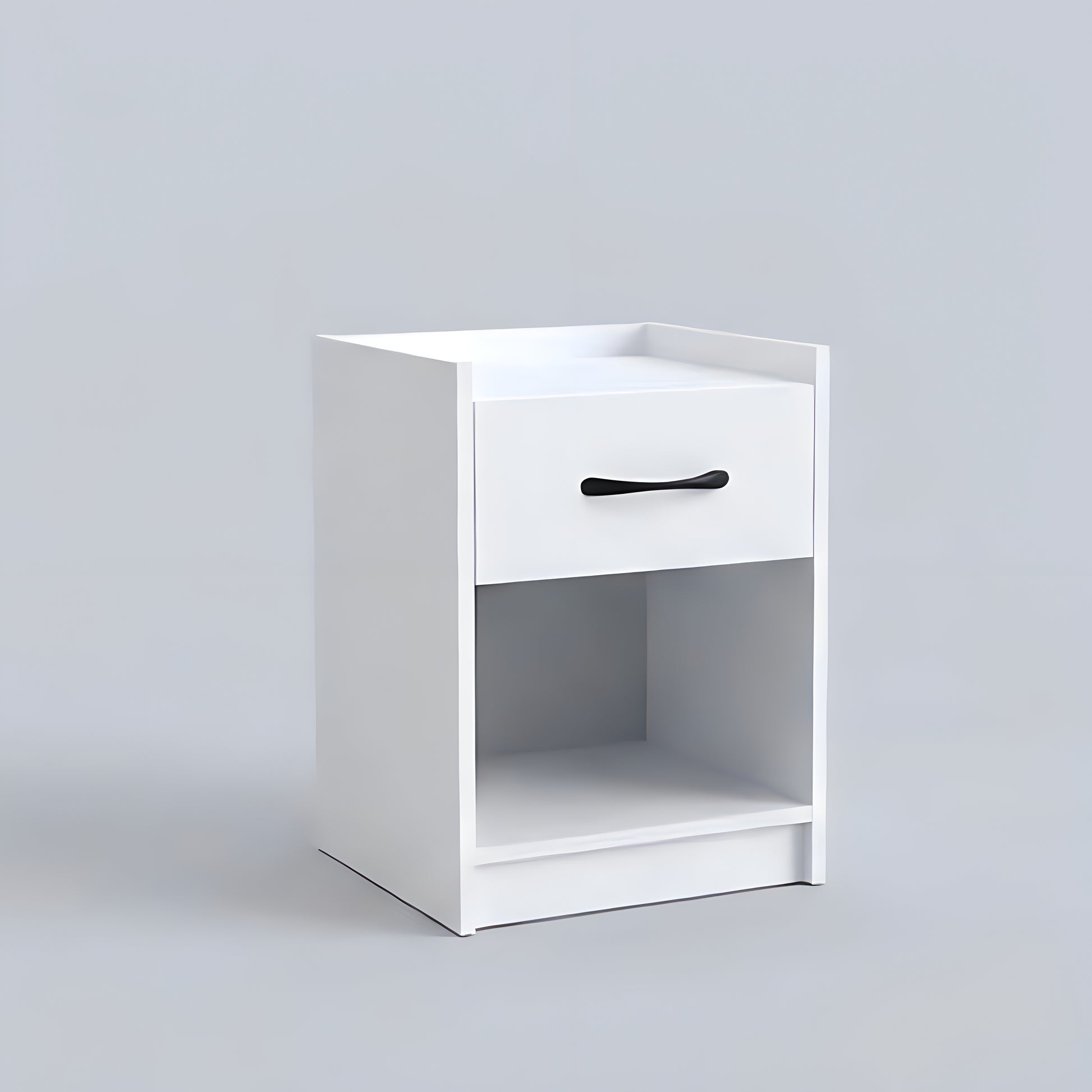 White nightstand with a drawer and black handle on a light gray background