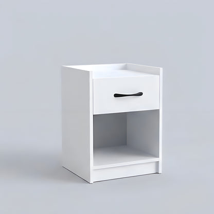 White nightstand with a drawer and black handle on a light gray background