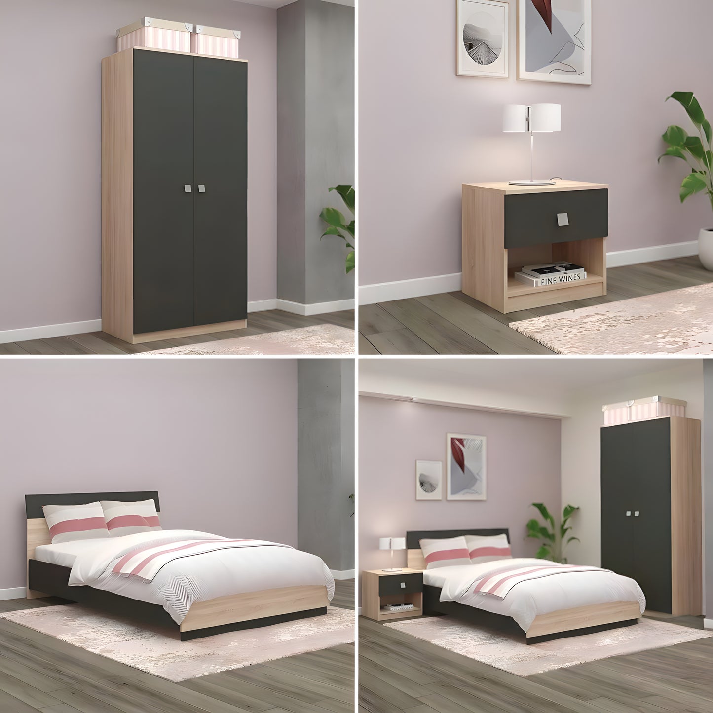 Collage of bedroom furniture including a wardrobe, nightstands, and bed.