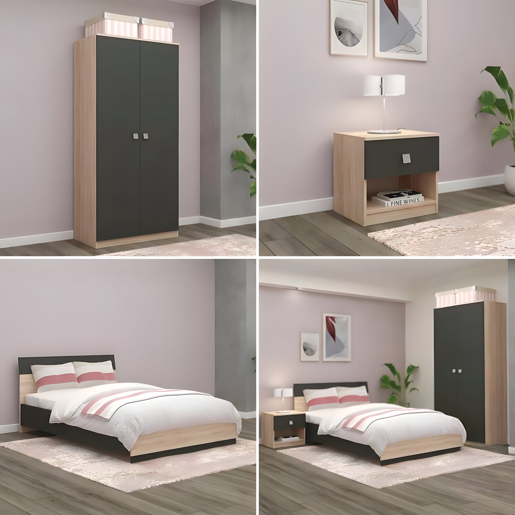 Collage of bedroom furniture including a wardrobe, nightstands, and bed.