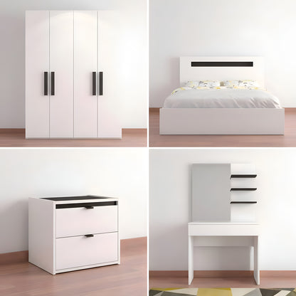 Collage of white bedroom furniture including a wardrobe, bed, nightstand, and desk.