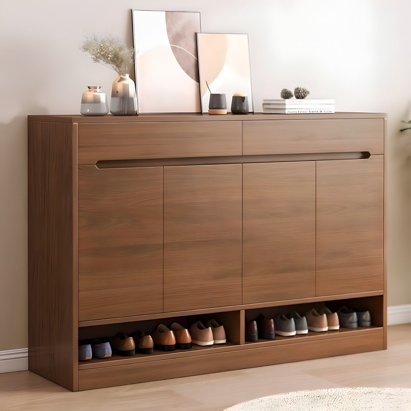 Wooden shoe cabinet with shoes inside, placed against a wall with decorative elements.