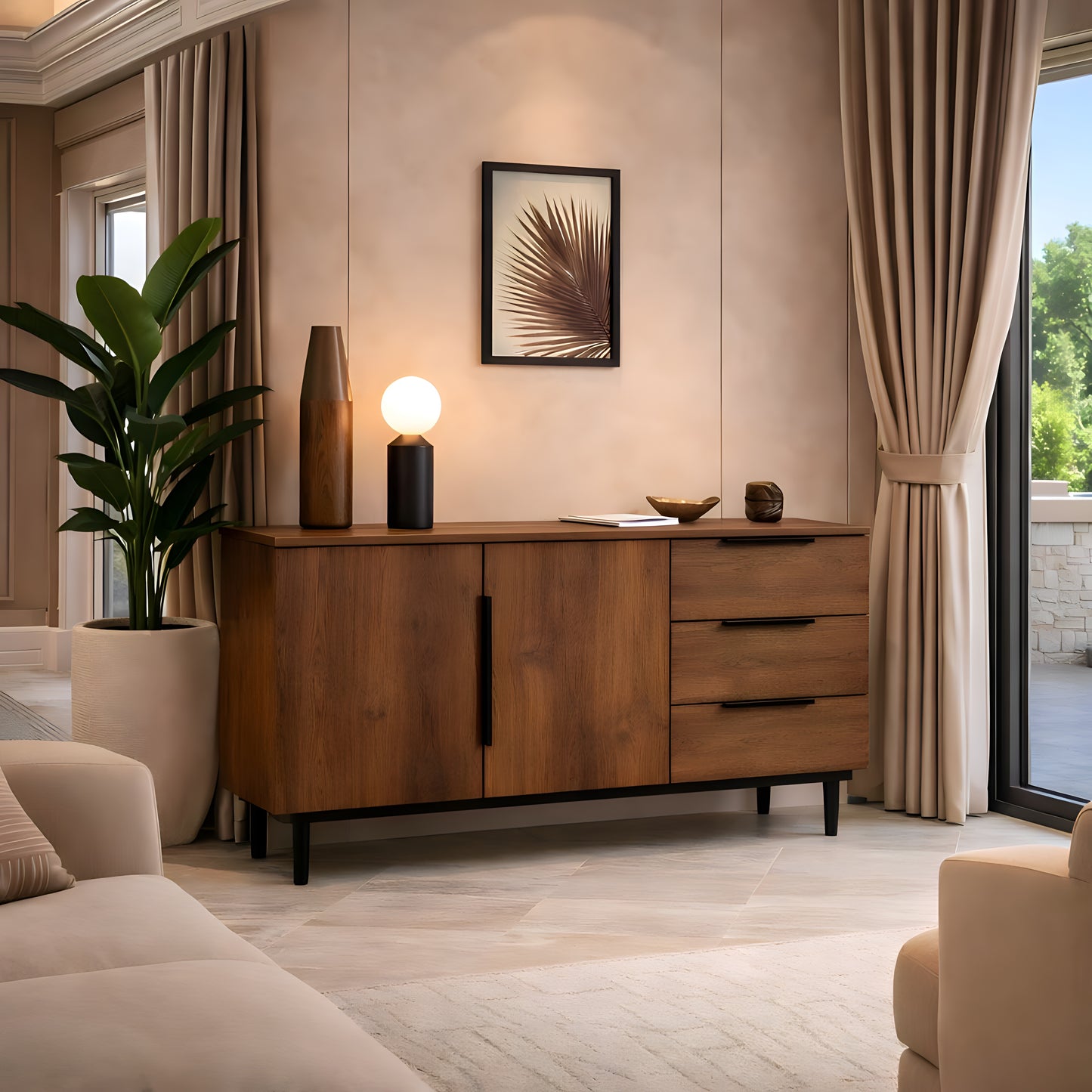 Wooden sideboard in a living room with decor elements
