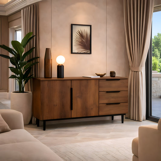 Wooden sideboard in a living room with decor elements