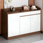Wooden shoe cabinet with white doors in a room setting