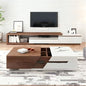 Modern living room with wooden and white entertainment console, TV, and coffee table.