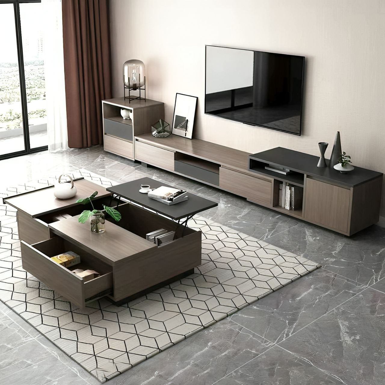 Modern living room with a TV stand, coffee table, and decorative items.