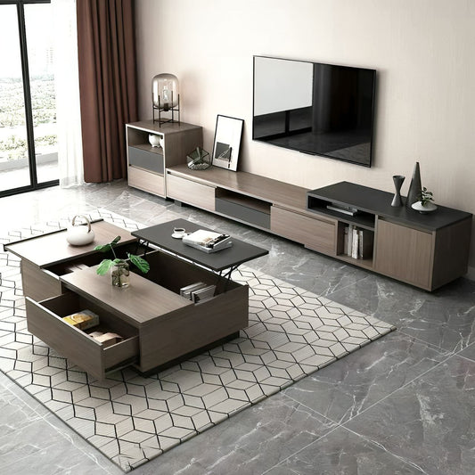 Modern living room with a TV stand, coffee table, and decorative items.