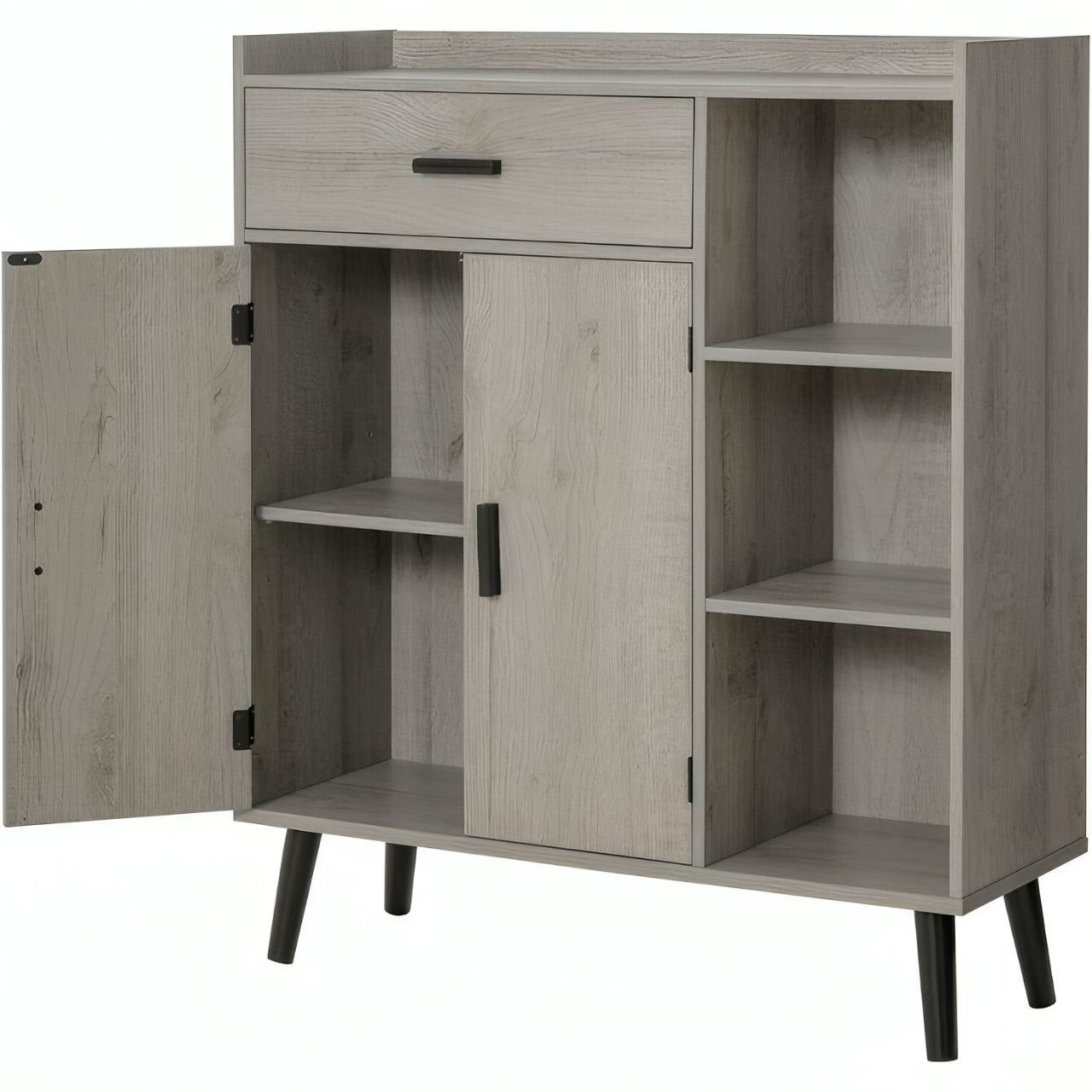 Wooden cabinet with open doors and shelves on a white background