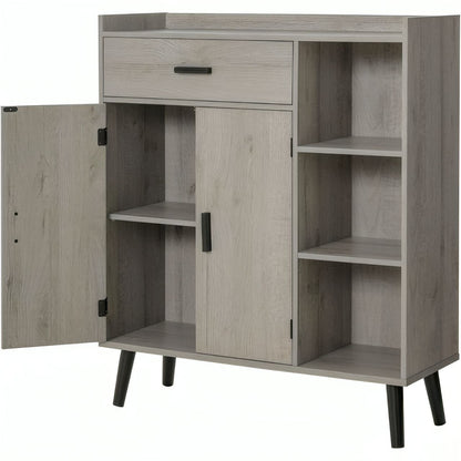 Wooden cabinet with open doors and shelves on a white background