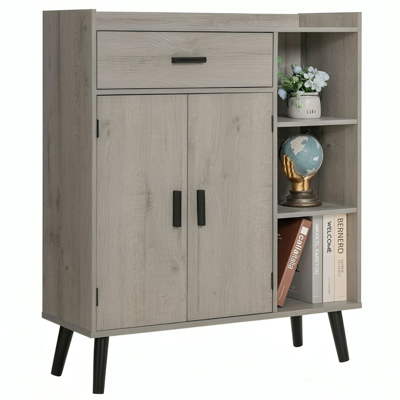 Wooden cabinet with shelves and decorative items on a white background