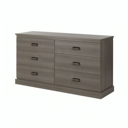 Gray dresser with six drawers on a white background