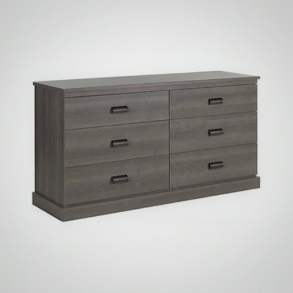Gray dresser with four drawers on a white background