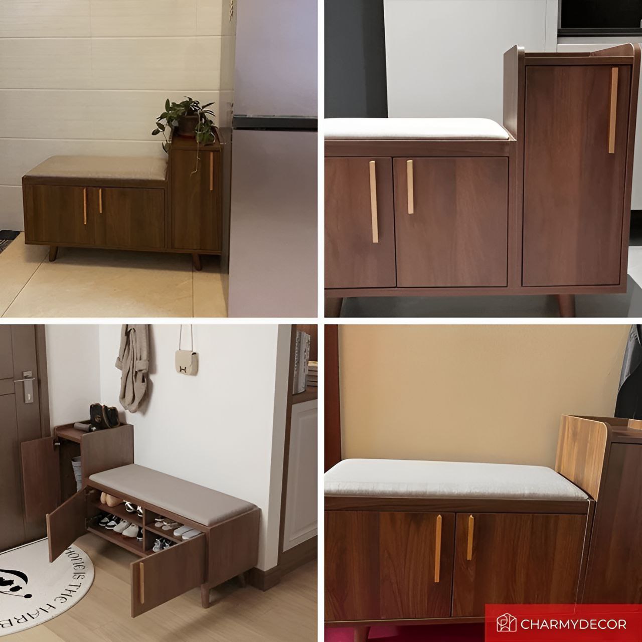 Collage of a wooden storage bench with cushioned seat and open cabinet doors in various settings.