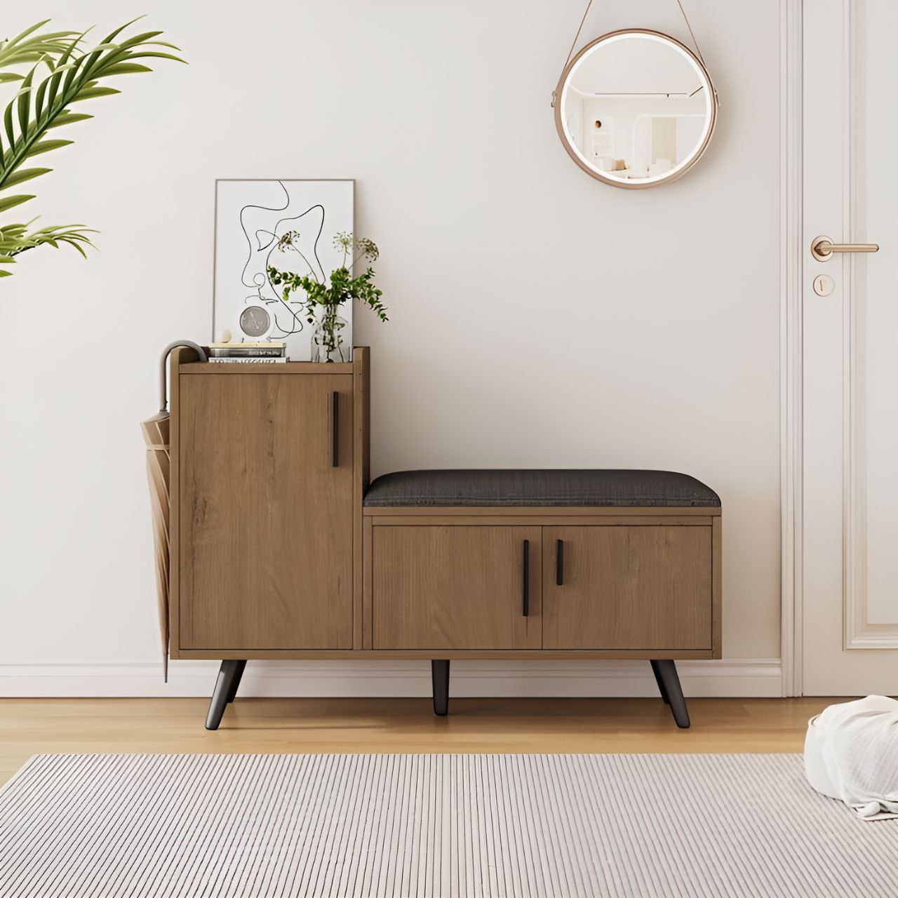 Wooden bench with storage compartments in a modern interior setting.
