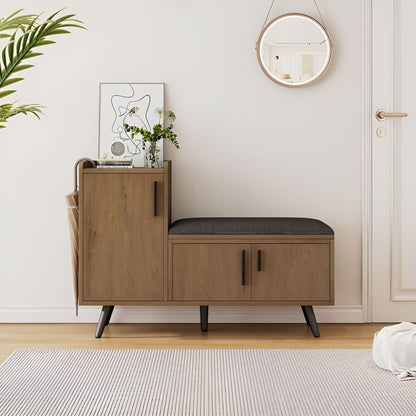 Wooden bench with storage compartments in a modern interior setting.