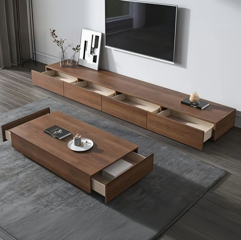 Wooden TV stand with drawers and a matching coffee table in a living room setting.