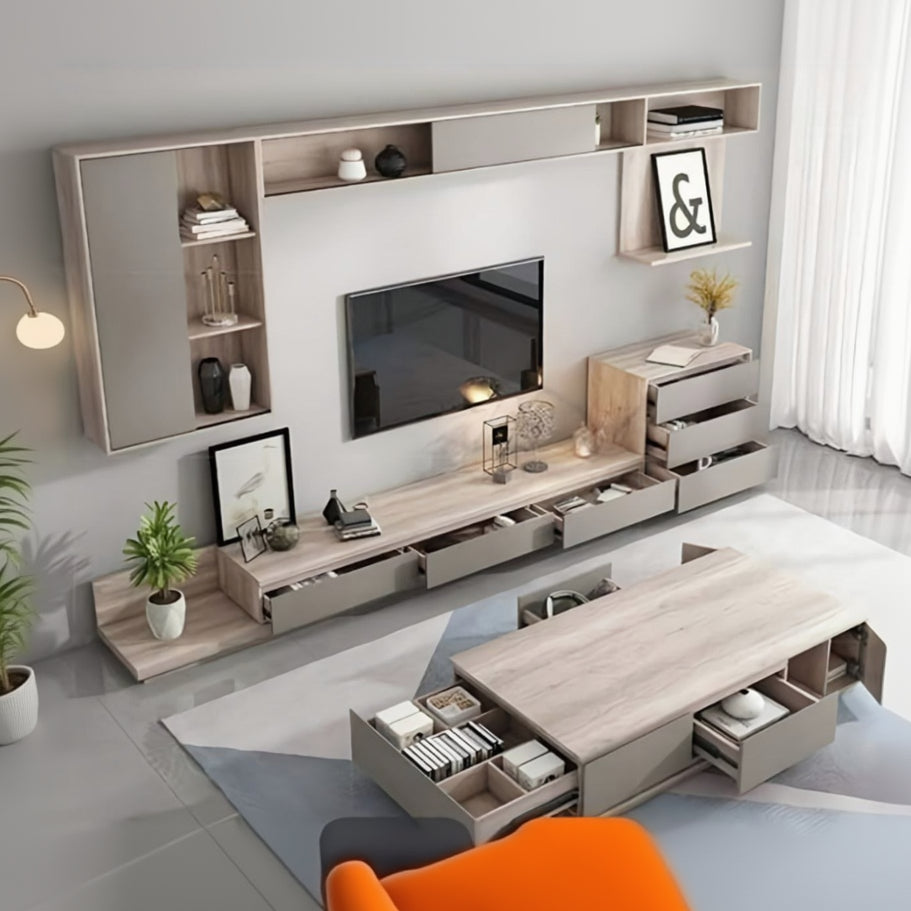 Modern living room with a television and wooden entertainment unit.