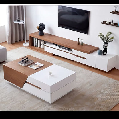 Modern living room with a wooden and white entertainment console, coffee table, and TV.