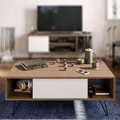 Wooden coffee table with decorative items in a living room setting