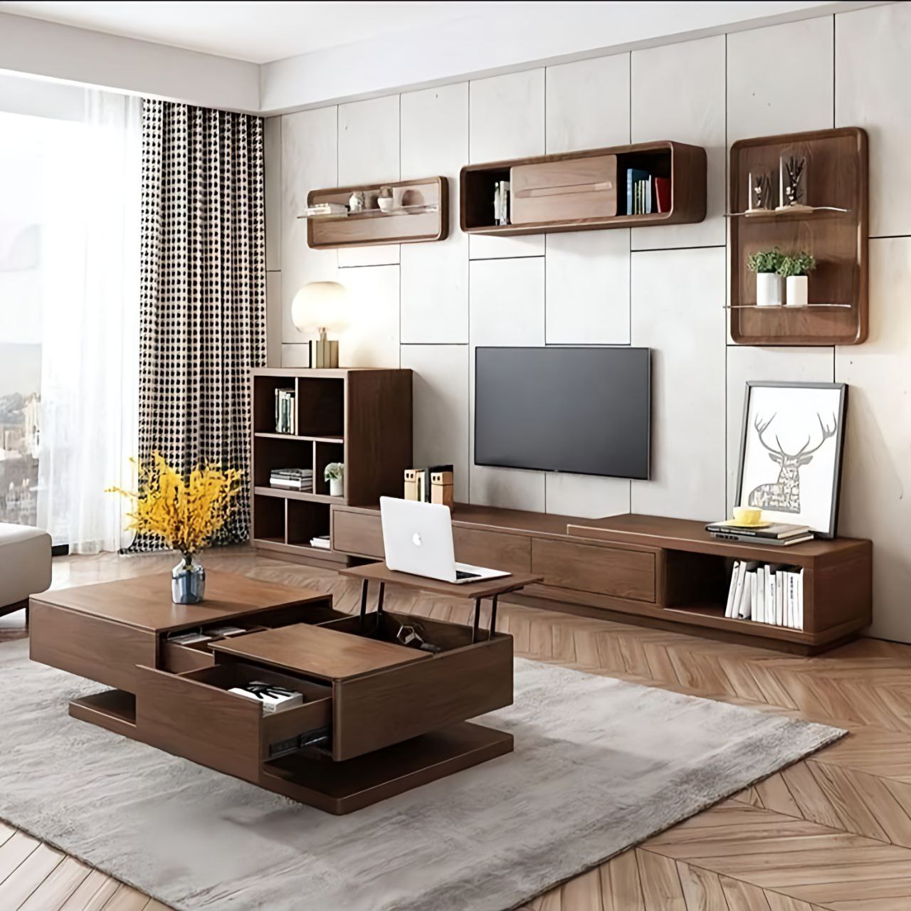 Modern living room with wooden furniture, TV, and decor elements.