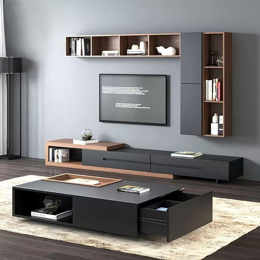 Modern living room with a black entertainment console and wooden shelves.
