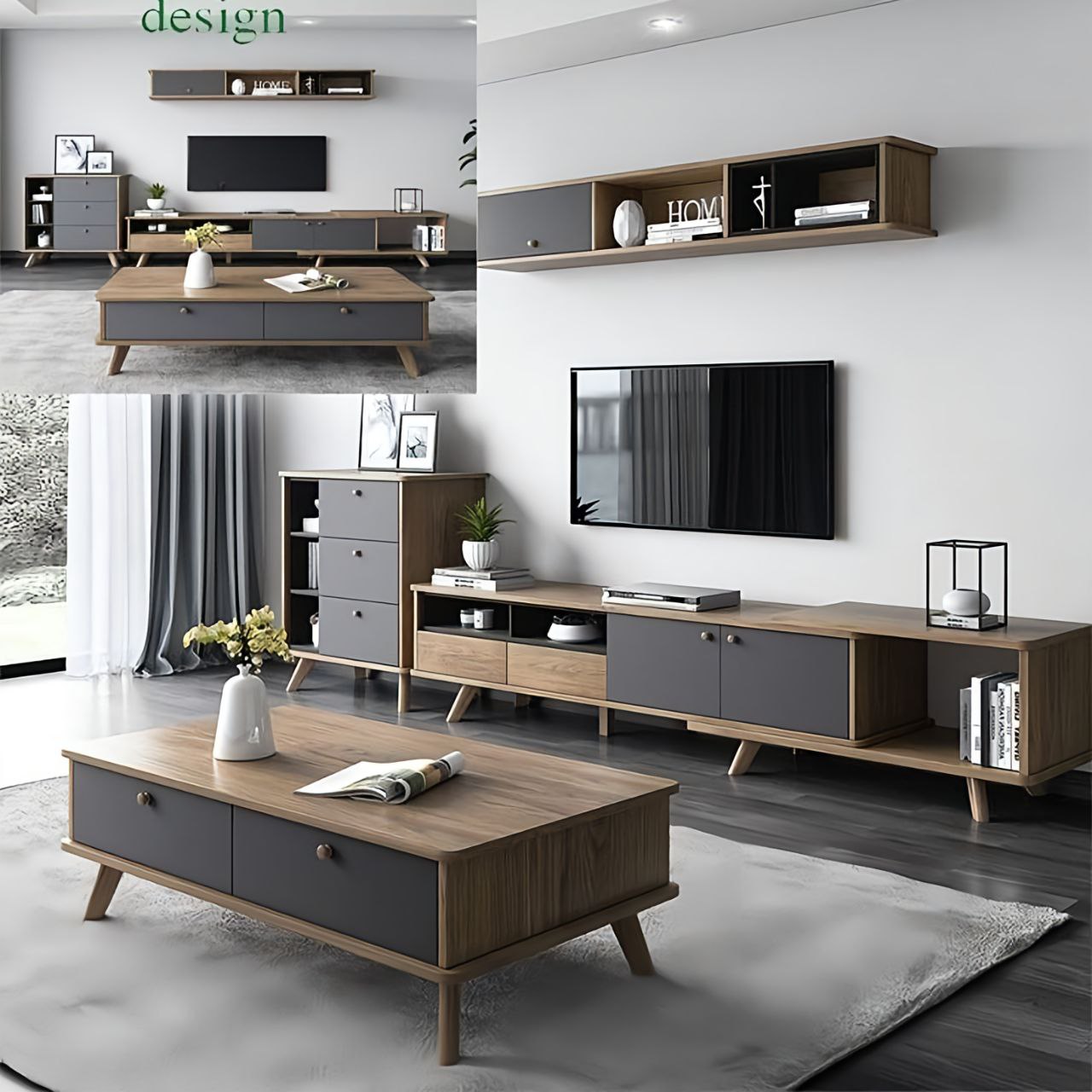 Modern living room with wooden and gray furniture, including a TV stand and coffee table.