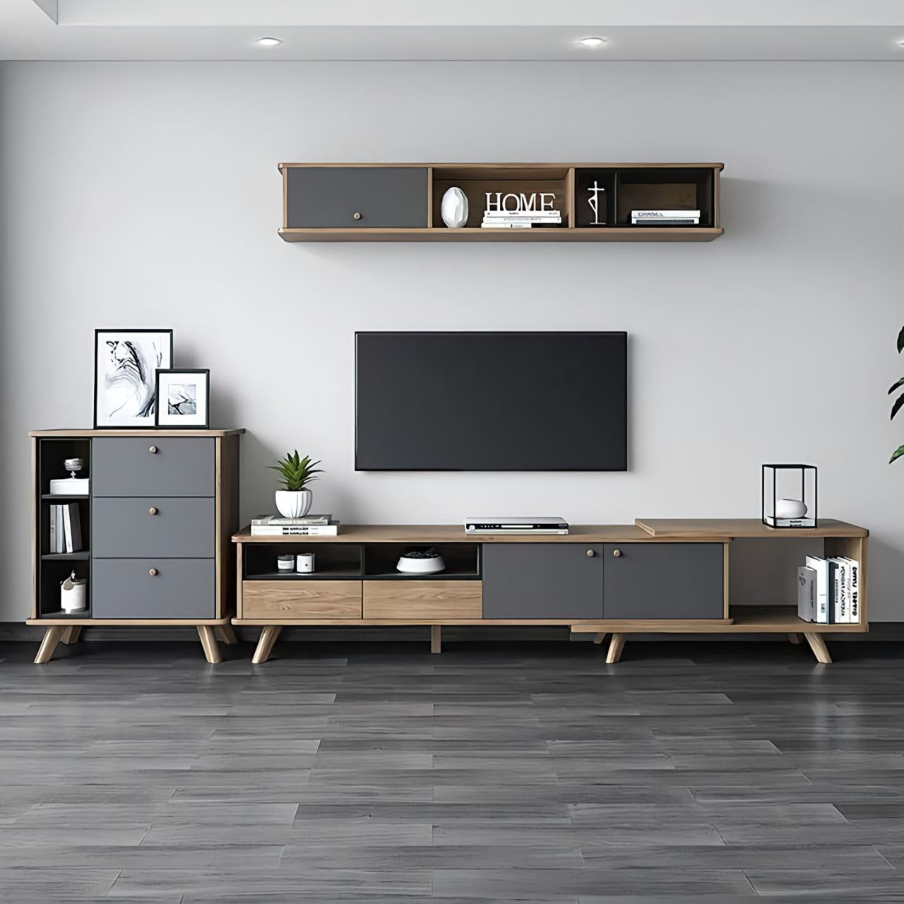 Modern living room with wooden TV stand, shelves, and decor items.