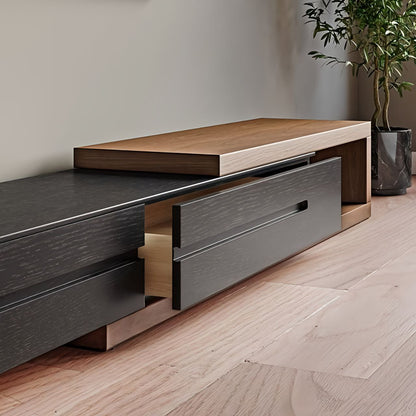Modern TV stand with wooden and metallic design in a room setting.