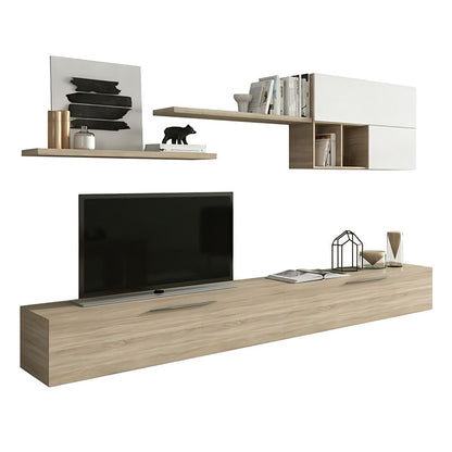 Modern TV stand with shelves and decorative items on a white background