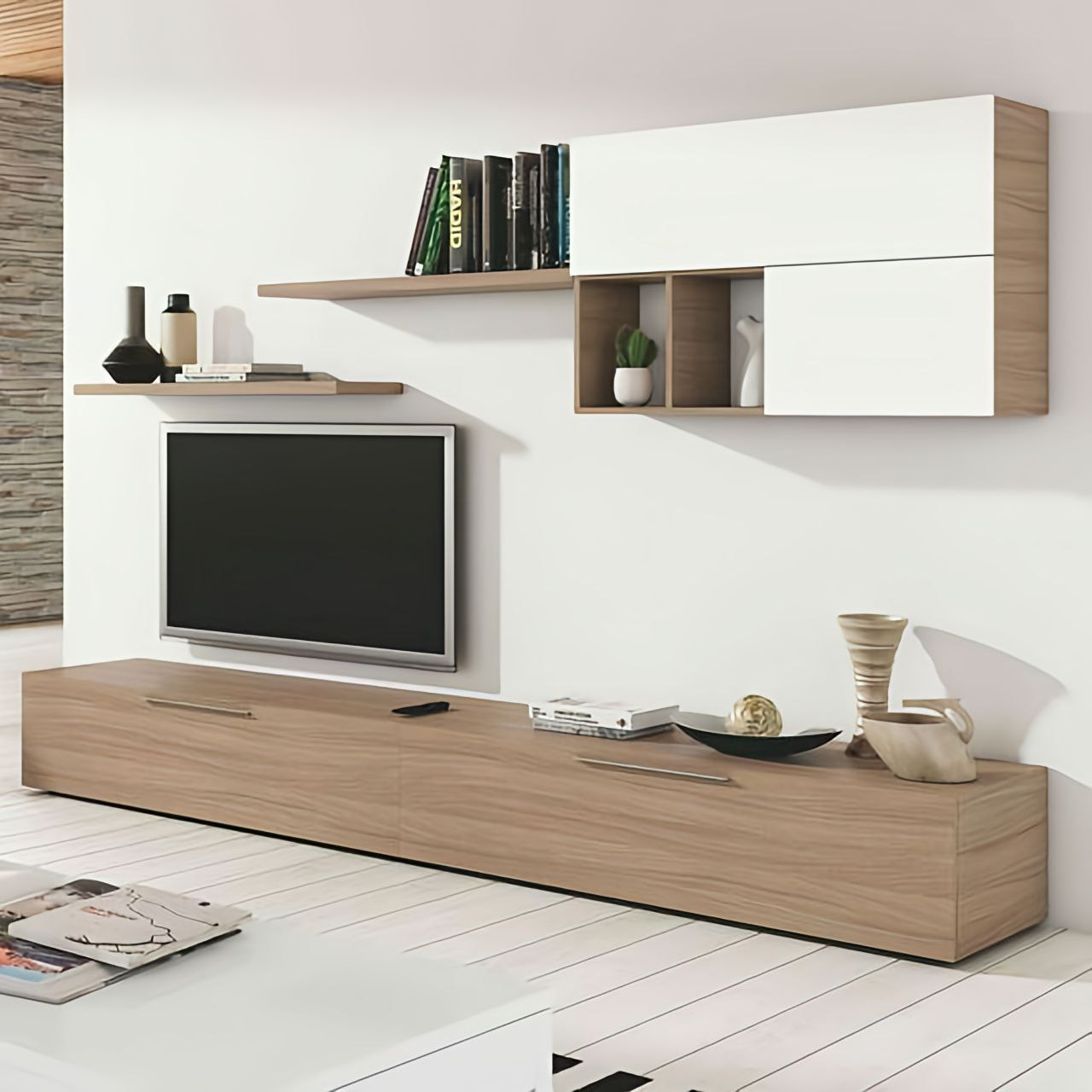 Modern living room with wooden TV stand, shelves, and decor items.
